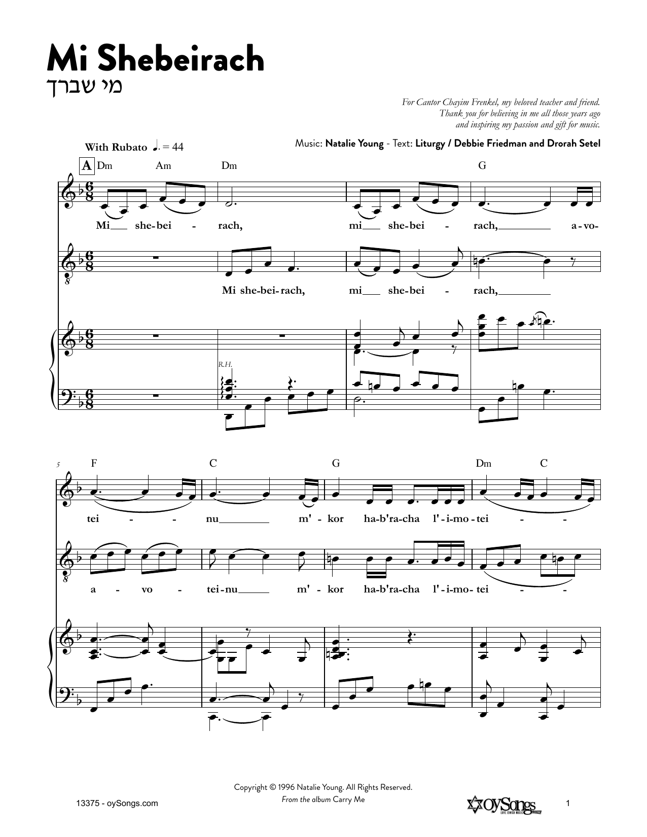 Natalie Young Mi Shebeirach Sheet Music Notes & Chords for Melody Line, Lyrics & Chords - Download or Print PDF