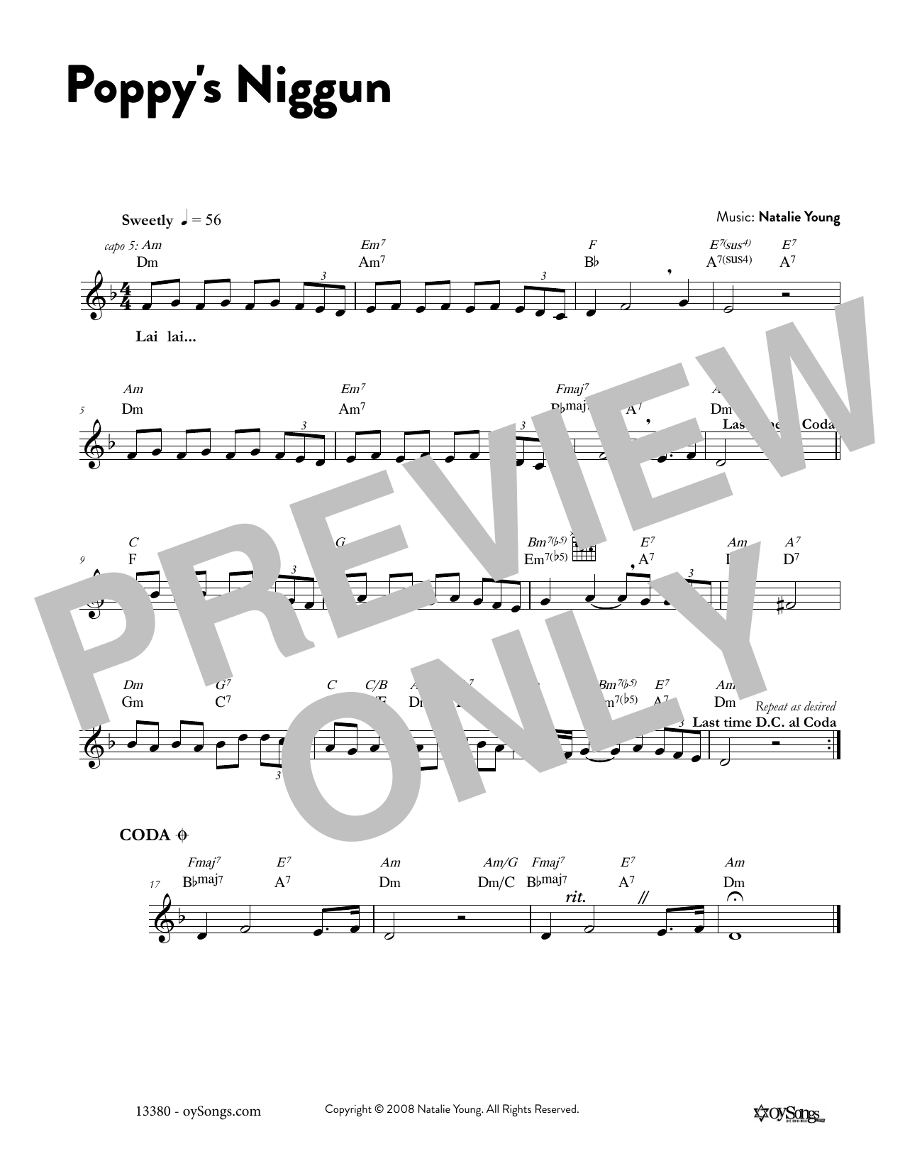 Natalie Young Poppy's Niggun Sheet Music Notes & Chords for Melody Line, Lyrics & Chords - Download or Print PDF