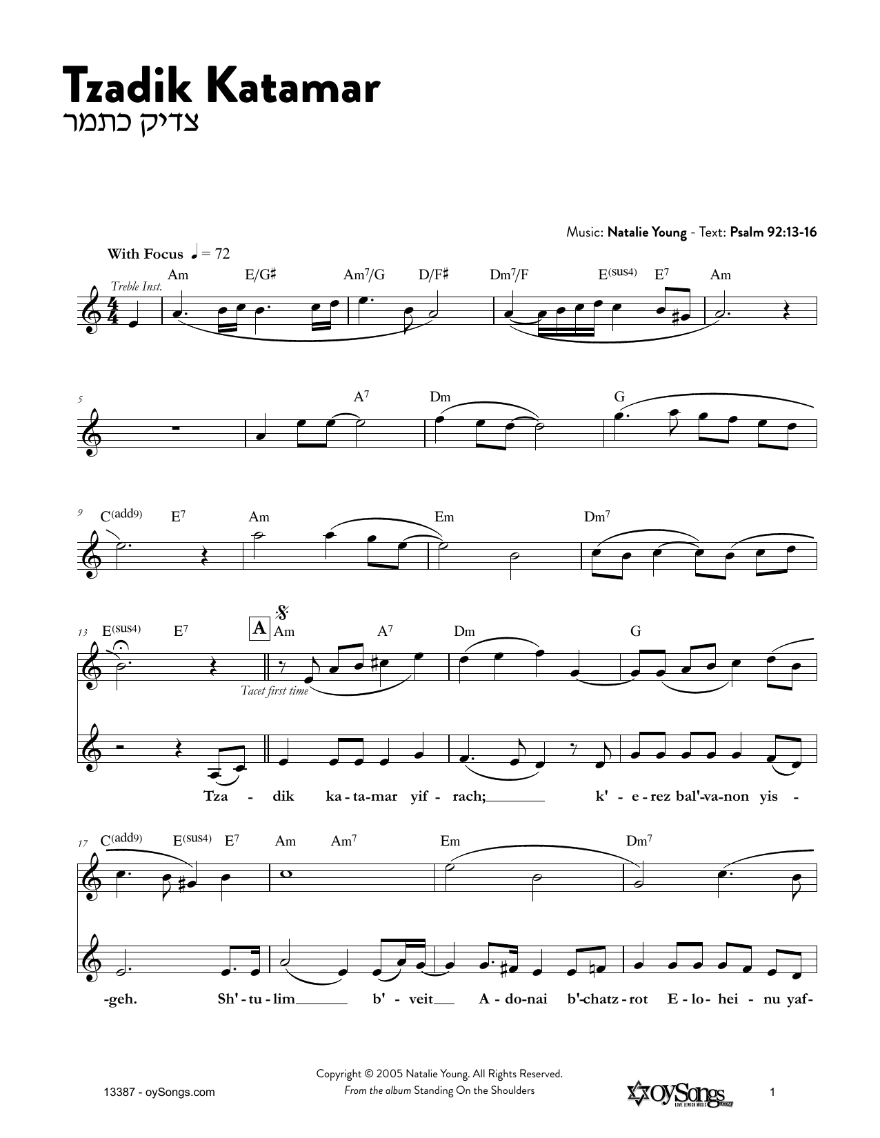 Natalie Young Tzadik Katamar Sheet Music Notes & Chords for Melody Line, Lyrics & Chords - Download or Print PDF