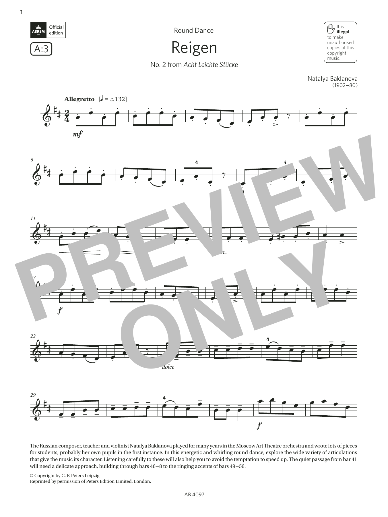 Natalya Baklanova Reigen (Grade 3, A3, from the ABRSM Violin Syllabus from 2024) Sheet Music Notes & Chords for Violin Solo - Download or Print PDF Natalya Baklanova Reigen (Grade 3, A3, from the ABRSM Violin Syllabus from 2024) Sheet Music Notes & Chords for Violin Solo - Download or Print PDF
