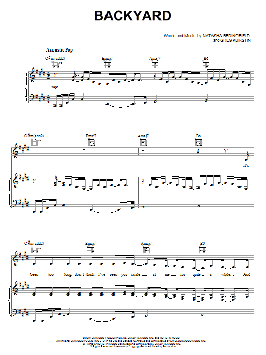 Natasha Bedingfield Backyard Sheet Music Notes & Chords for Piano, Vocal & Guitar (Right-Hand Melody) - Download or Print PDF