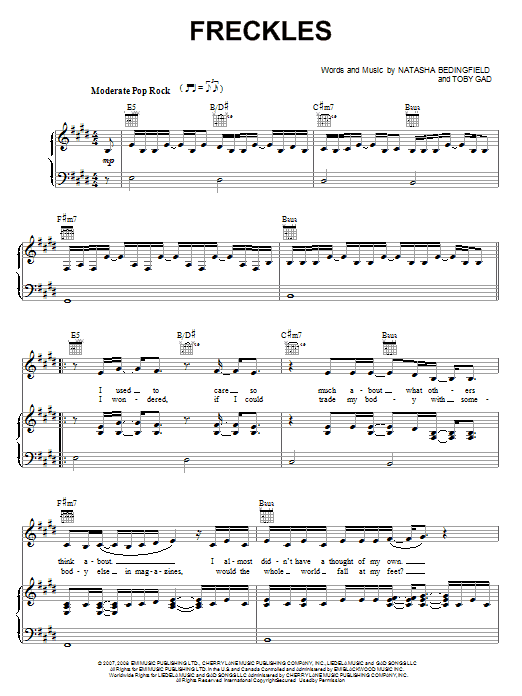 Natasha Bedingfield Freckles Sheet Music Notes & Chords for Piano, Vocal & Guitar (Right-Hand Melody) - Download or Print PDF