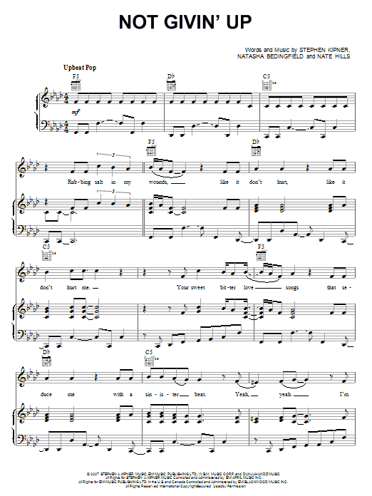 Natasha Bedingfield Not Givin' Up Sheet Music Notes & Chords for Piano, Vocal & Guitar (Right-Hand Melody) - Download or Print PDF