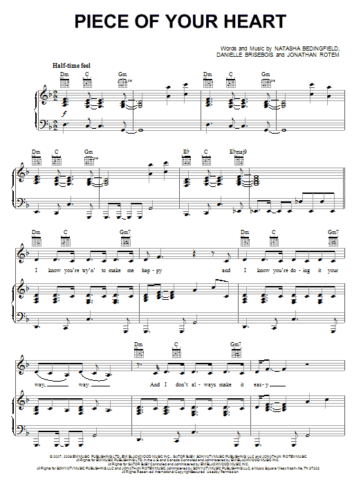 Natasha Bedingfield Piece Of Your Heart Sheet Music Notes & Chords for Piano, Vocal & Guitar (Right-Hand Melody) - Download or Print PDF