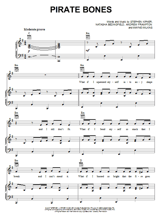 Natasha Bedingfield Pirate Bones Sheet Music Notes & Chords for Piano, Vocal & Guitar (Right-Hand Melody) - Download or Print PDF