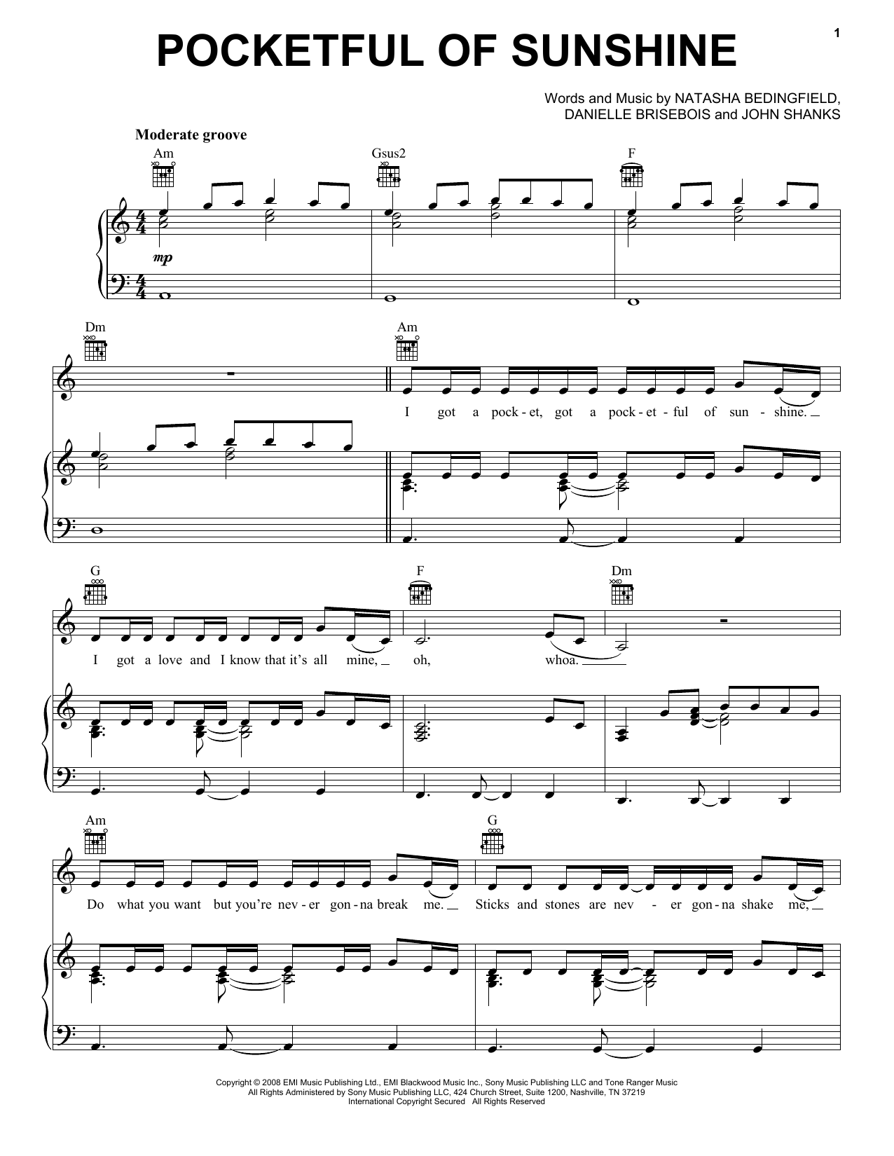 Natasha Bedingfield Pocketful Of Sunshine Sheet Music Notes & Chords for Piano, Vocal & Guitar (Right-Hand Melody) - Download or Print PDF