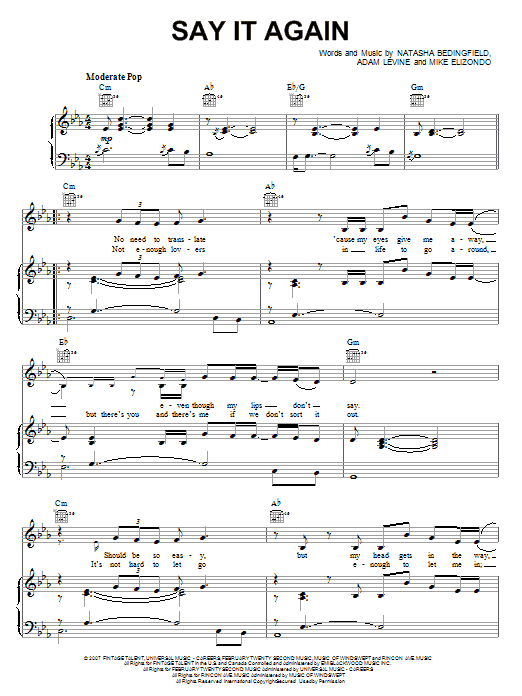 Natasha Bedingfield Say It Again Sheet Music Notes & Chords for Piano, Vocal & Guitar (Right-Hand Melody) - Download or Print PDF