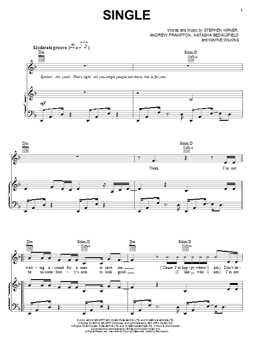 Natasha Bedingfield Single Sheet Music Notes & Chords for Piano, Vocal & Guitar (Right-Hand Melody) - Download or Print PDF