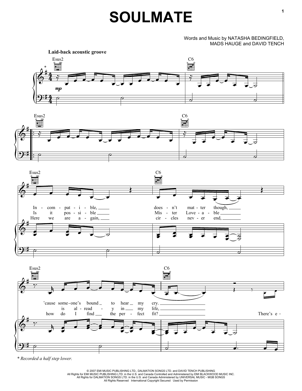 Natasha Bedingfield Soulmate Sheet Music Notes & Chords for Piano, Vocal & Guitar (Right-Hand Melody) - Download or Print PDF