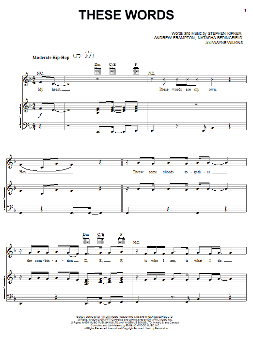 Natasha Bedingfield These Words Sheet Music Notes & Chords for Piano, Vocal & Guitar (Right-Hand Melody) - Download or Print PDF