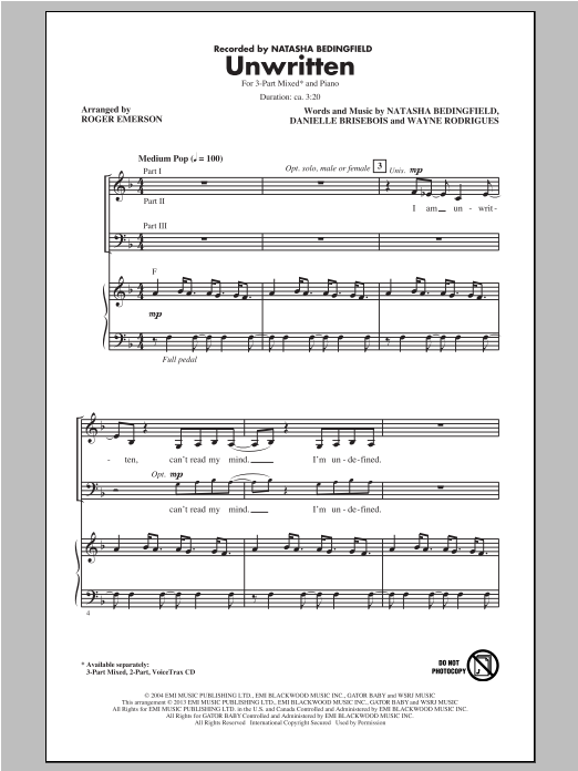 Roger Emerson Unwritten Sheet Music Notes & Chords for 3-Part Mixed - Download or Print PDF Roger Emerson Unwritten Sheet Music Notes & Chords for 3-Part Mixed - Download or Print PDF