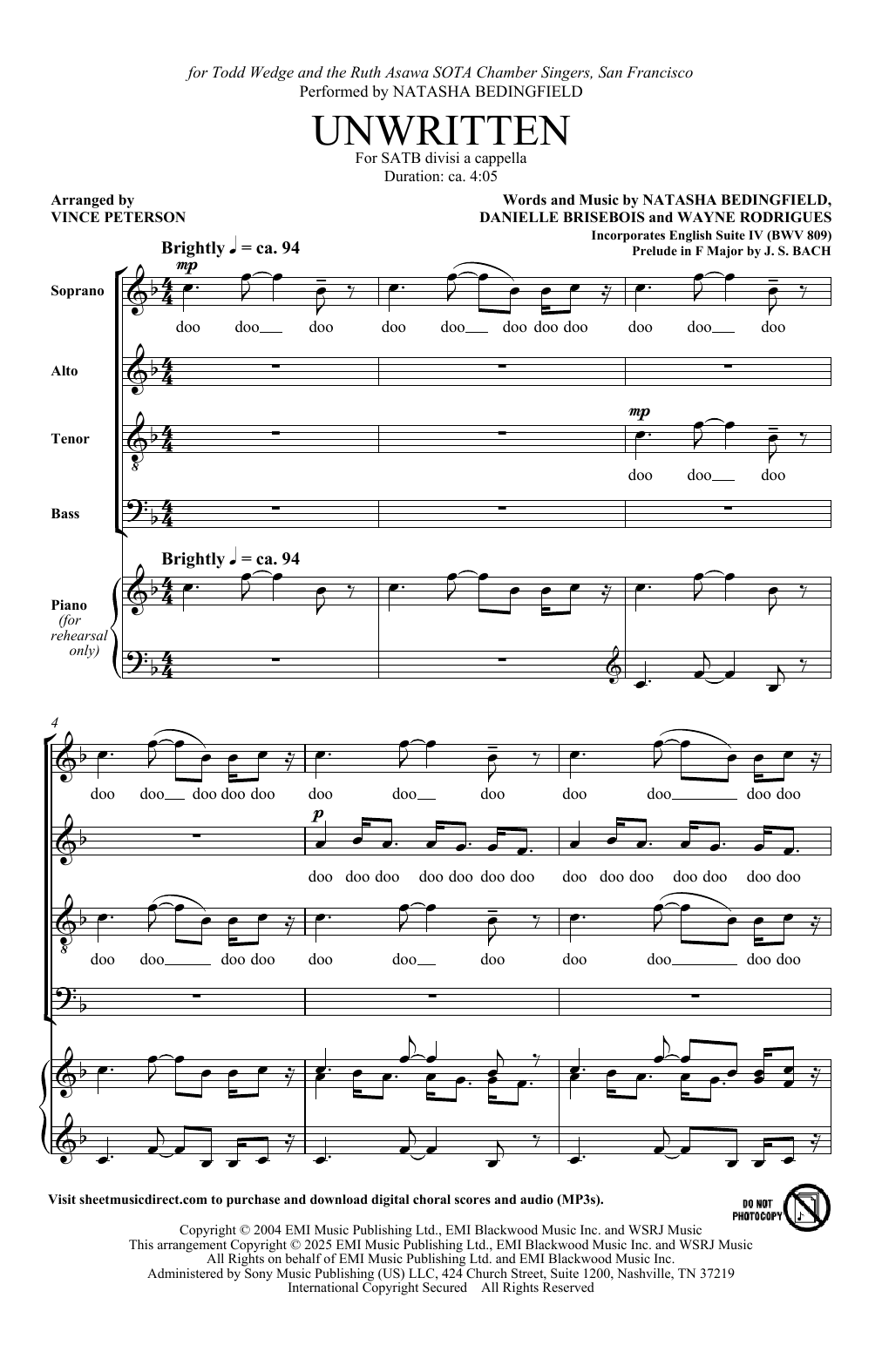 Natasha Bedingfield Unwritten (Incorporates English Suite IV) (arr. Vince Peterson) Sheet Music Notes & Chords for SATB divisi Choir - Download or Print PDF
