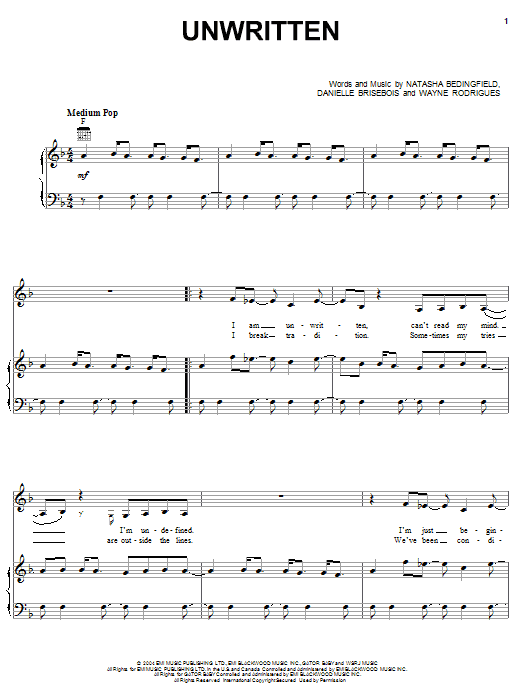 Natasha Bedingfield Unwritten Sheet Music Notes & Chords for Pro Vocal - Download or Print PDF