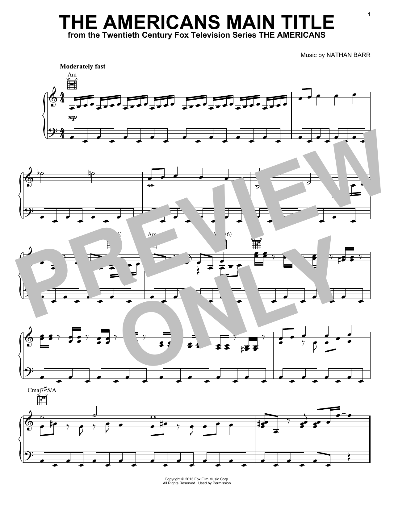 Nathan Barr The Americans Main Title Sheet Music Notes & Chords for Piano Solo - Download or Print PDF
