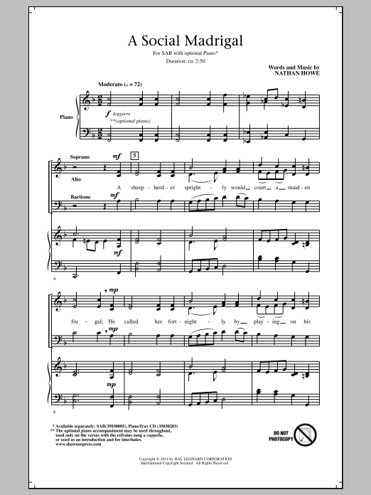 Nathan Howe A Social Madrigal Sheet Music Notes & Chords for SAB - Download or Print PDF
