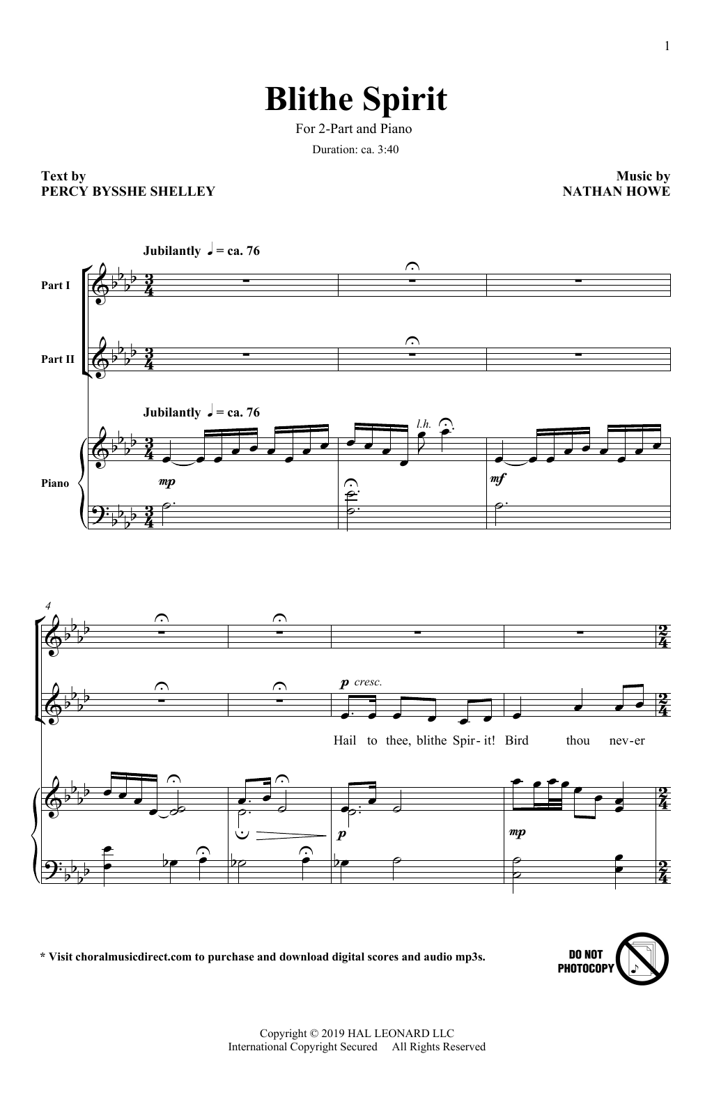 Nathan Howe Blithe Spirit Sheet Music Notes & Chords for 2-Part Choir - Download or Print PDF