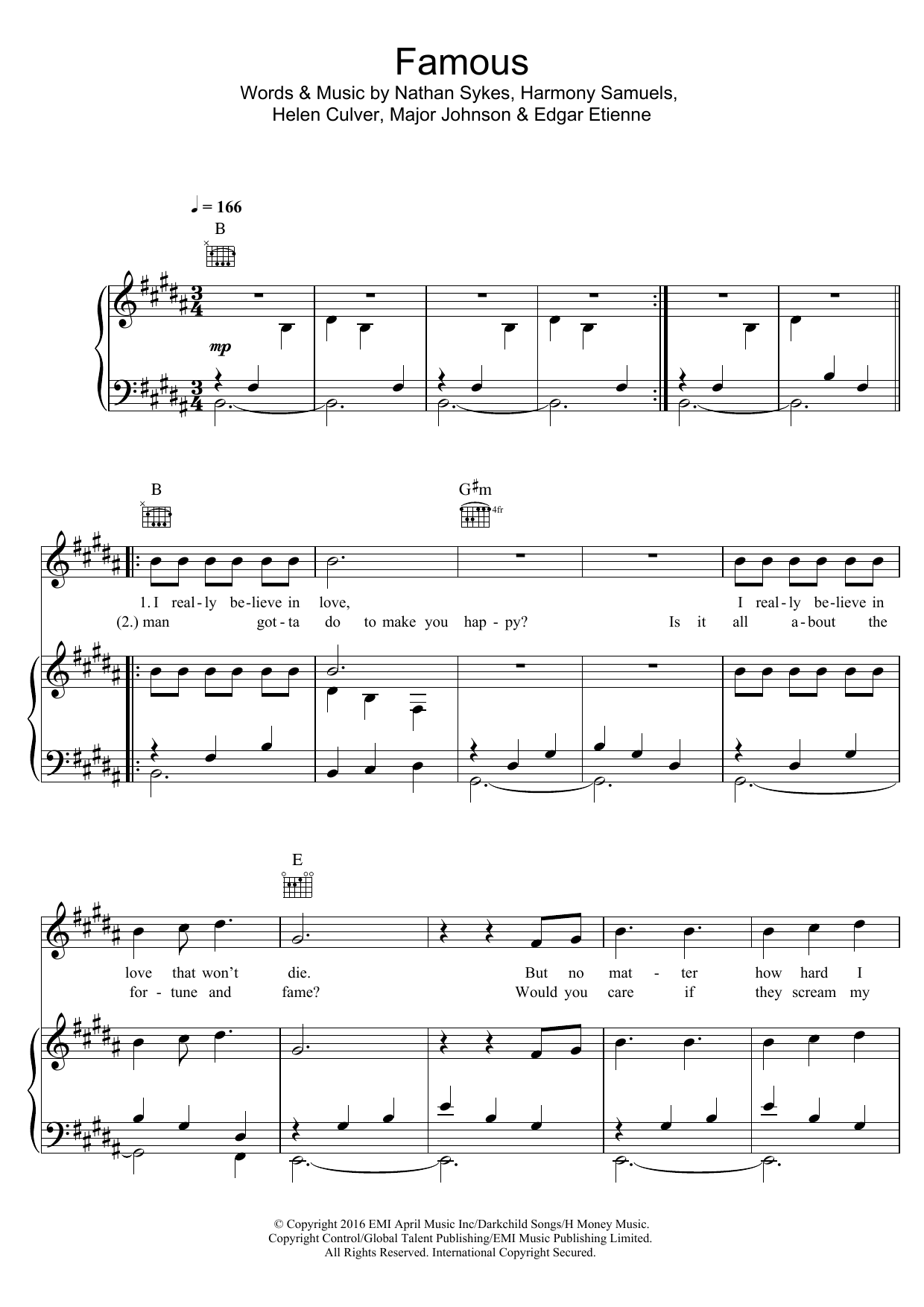 Nathan Sykes Famous Sheet Music Notes & Chords for Piano, Vocal & Guitar (Right-Hand Melody) - Download or Print PDF