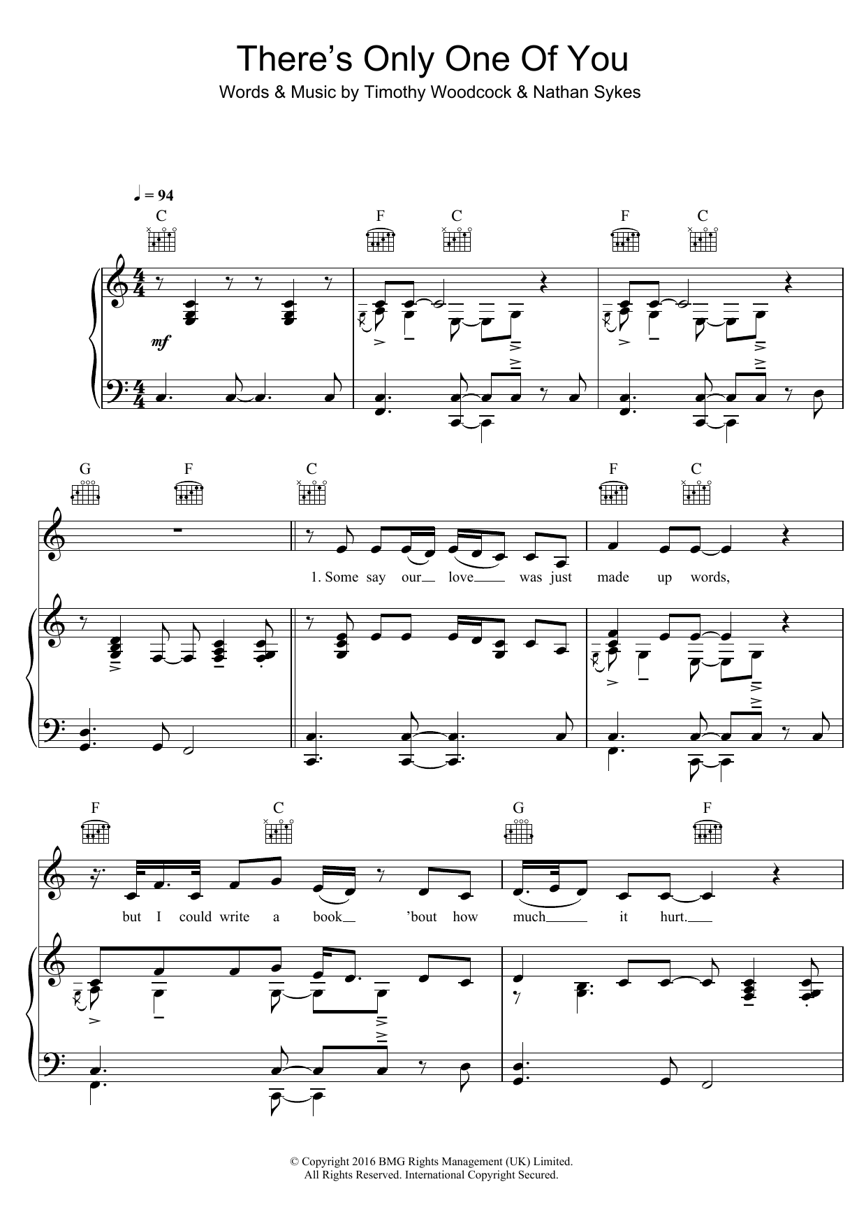 Nathan Sykes There's Only One Of You Sheet Music Notes & Chords for Piano, Vocal & Guitar (Right-Hand Melody) - Download or Print PDF