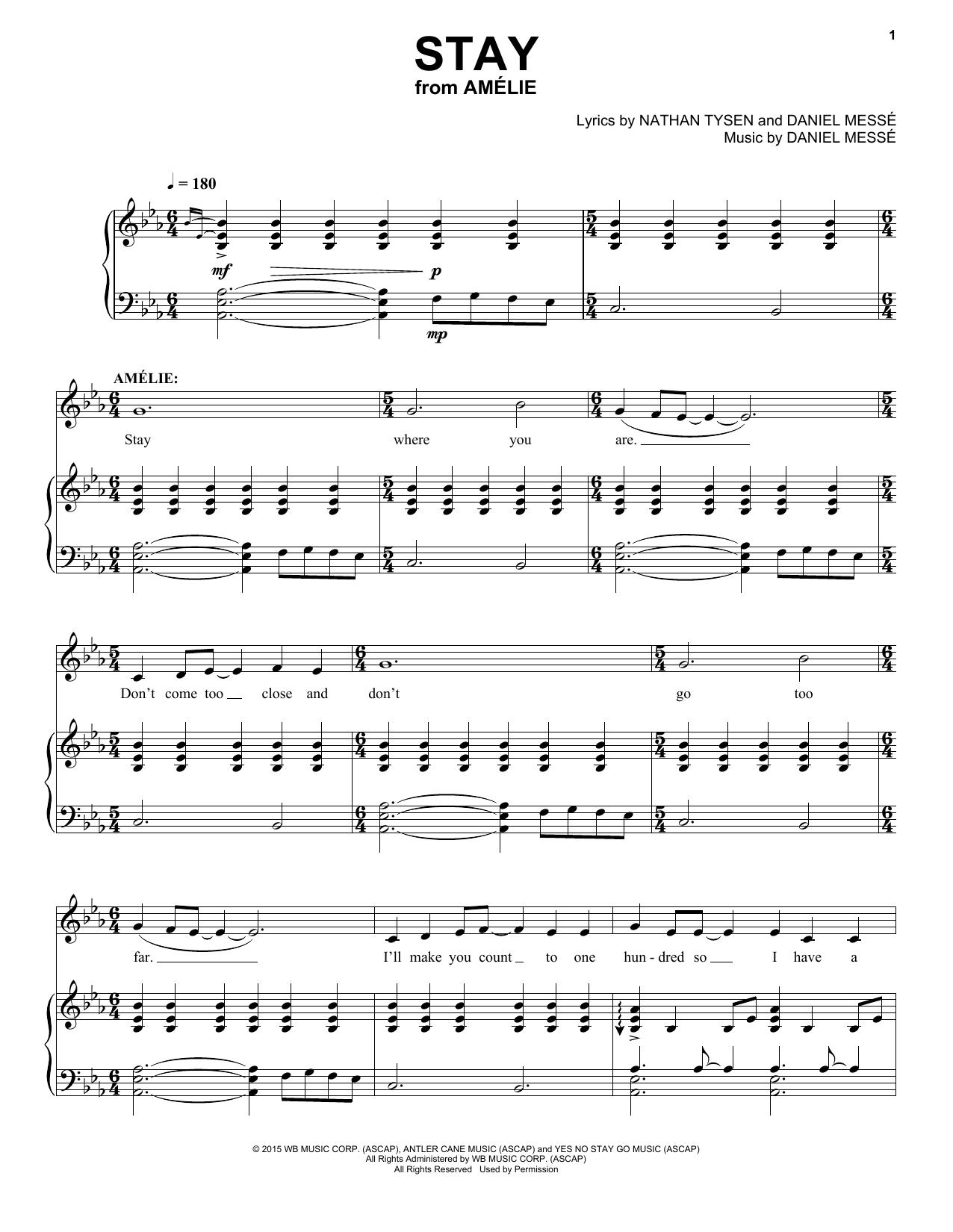 Nathan Tysen & Daniel Messé Stay (from Amélie The Musical) Sheet Music Notes & Chords for Piano & Vocal - Download or Print PDF