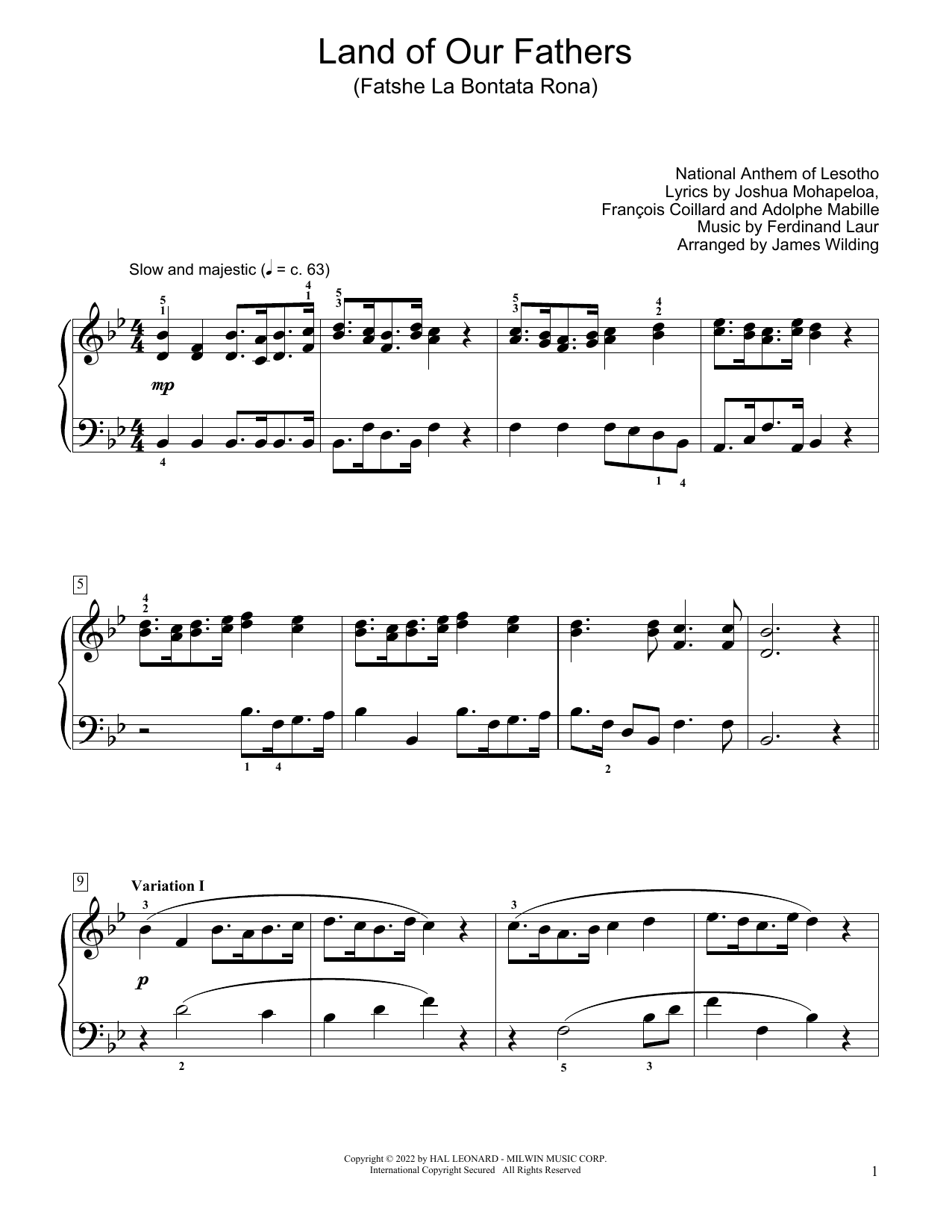 National Anthem of Lesotho Land Of Our Fathers (Fatshe La Bontata Rona) (arr. James Wilding) Sheet Music Notes & Chords for Educational Piano - Download or Print PDF