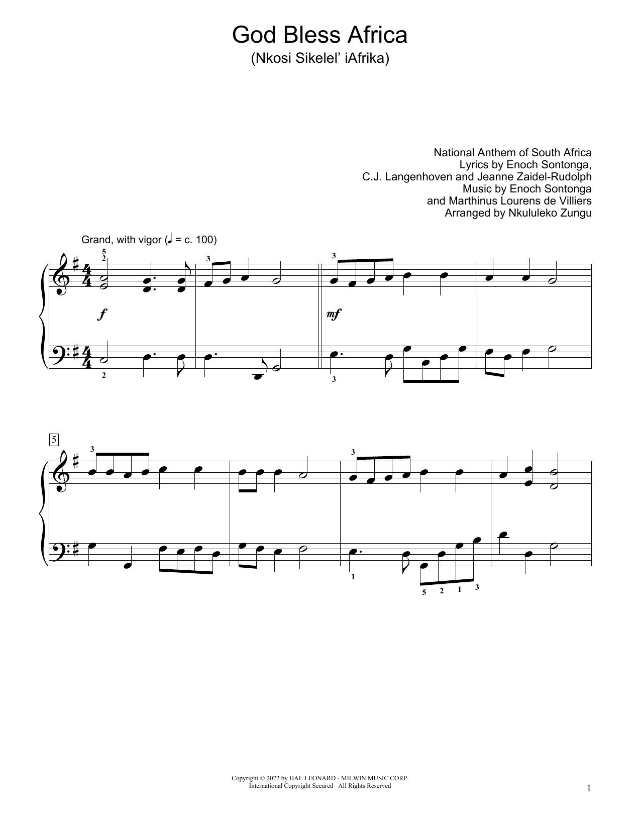 National Anthem of South Africa God Bless Africa (Nkosi Sikelel' Iafrika) (arr. Nkululeko Zungu) Sheet Music Notes & Chords for Educational Piano - Download or Print PDF