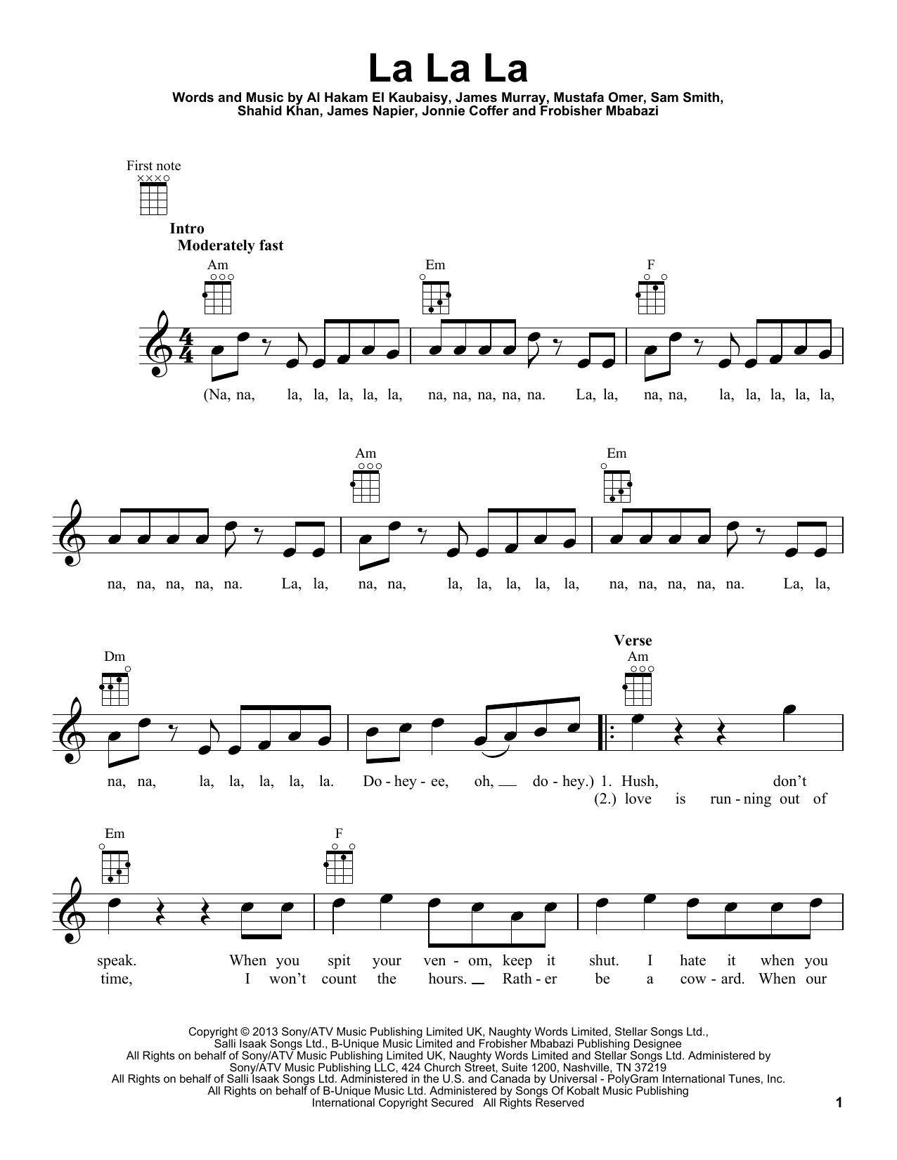 Naughty Boy feat. Sam Smith La La La Sheet Music Notes & Chords for Ukulele - Download or Print PDF