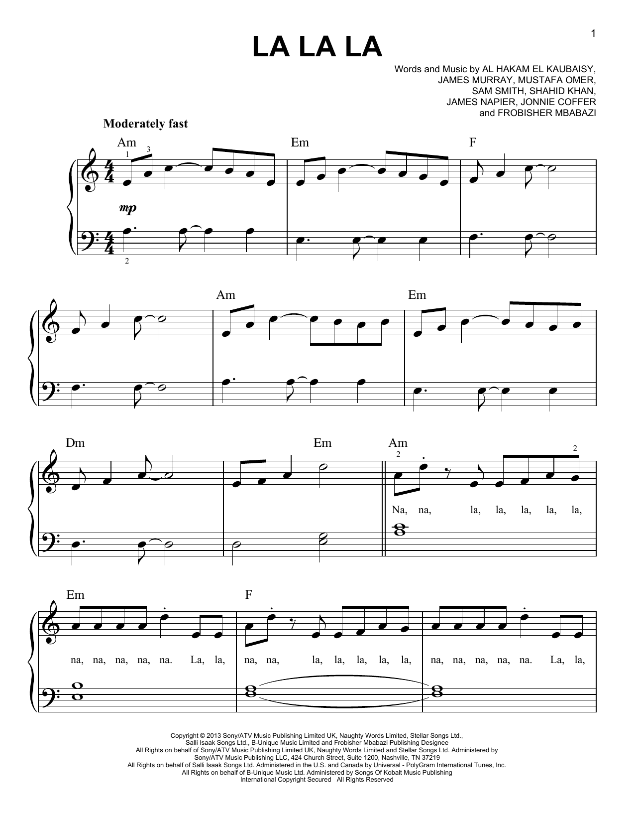 Naughty Boy featuring Sam Smith La La La Sheet Music Notes & Chords for Easy Piano - Download or Print PDF