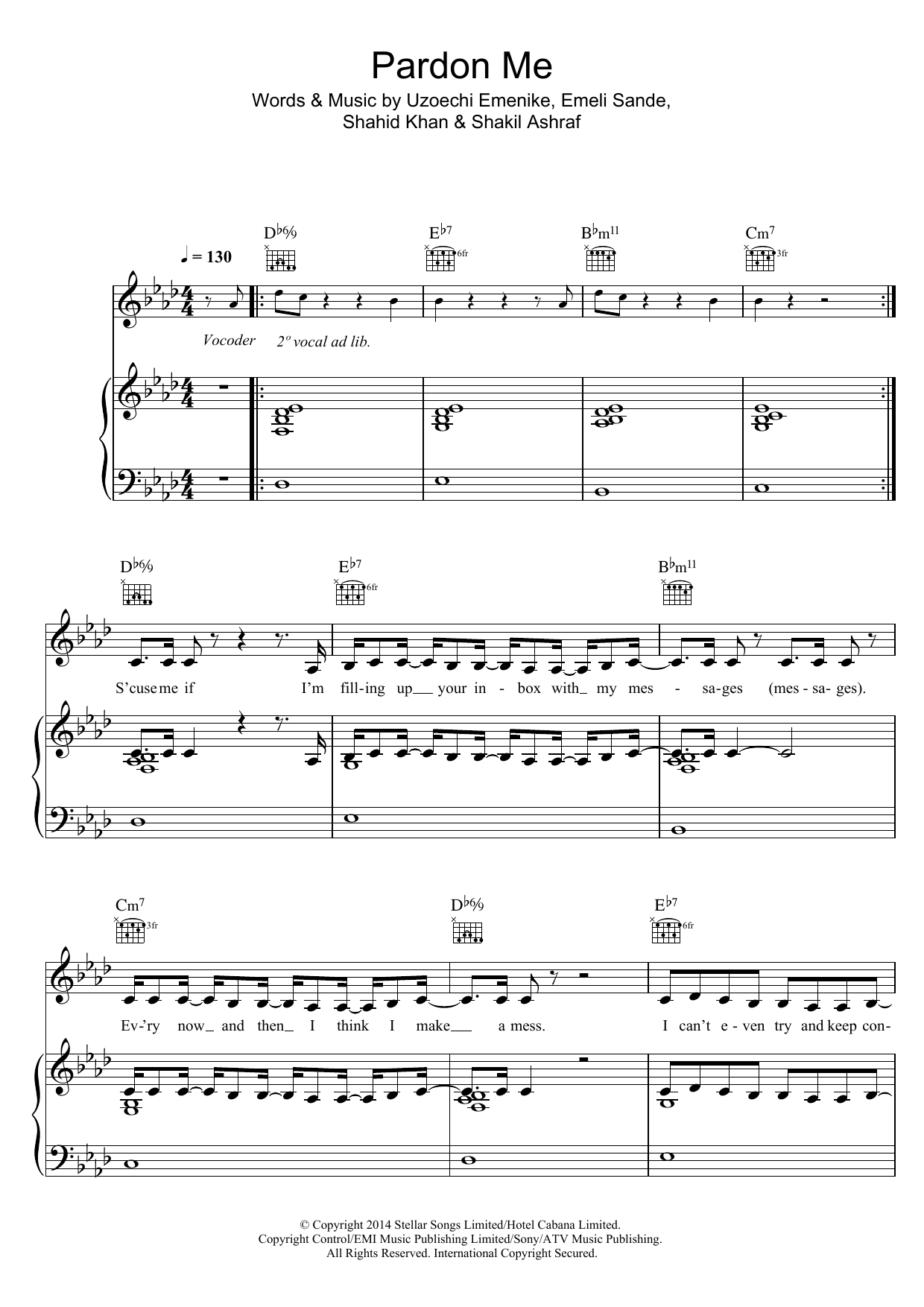 Naughty Boy Pardon Me (featuring Professor Green, Laura Mvula, Wilkinson and Ava Lily) Sheet Music Notes & Chords for Piano, Vocal & Guitar (Right-Hand Melody) - Download or Print PDF
