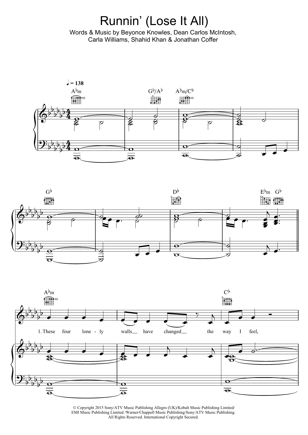 Naughty Boy Runnin' (Lose It All) (featuring Beyonce and Arrow Benjamin) Sheet Music Notes & Chords for Piano, Vocal & Guitar - Download or Print PDF