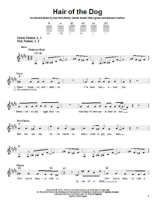 Nazareth Hair Of The Dog Sheet Music Notes & Chords for Guitar Tab - Download or Print PDF