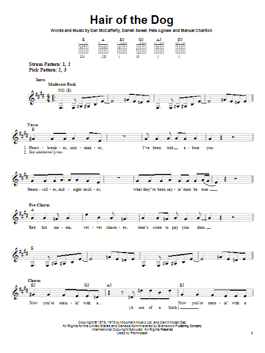 Nazareth Hair Of The Dog sheet music notes and chords. Download Printable PDF.