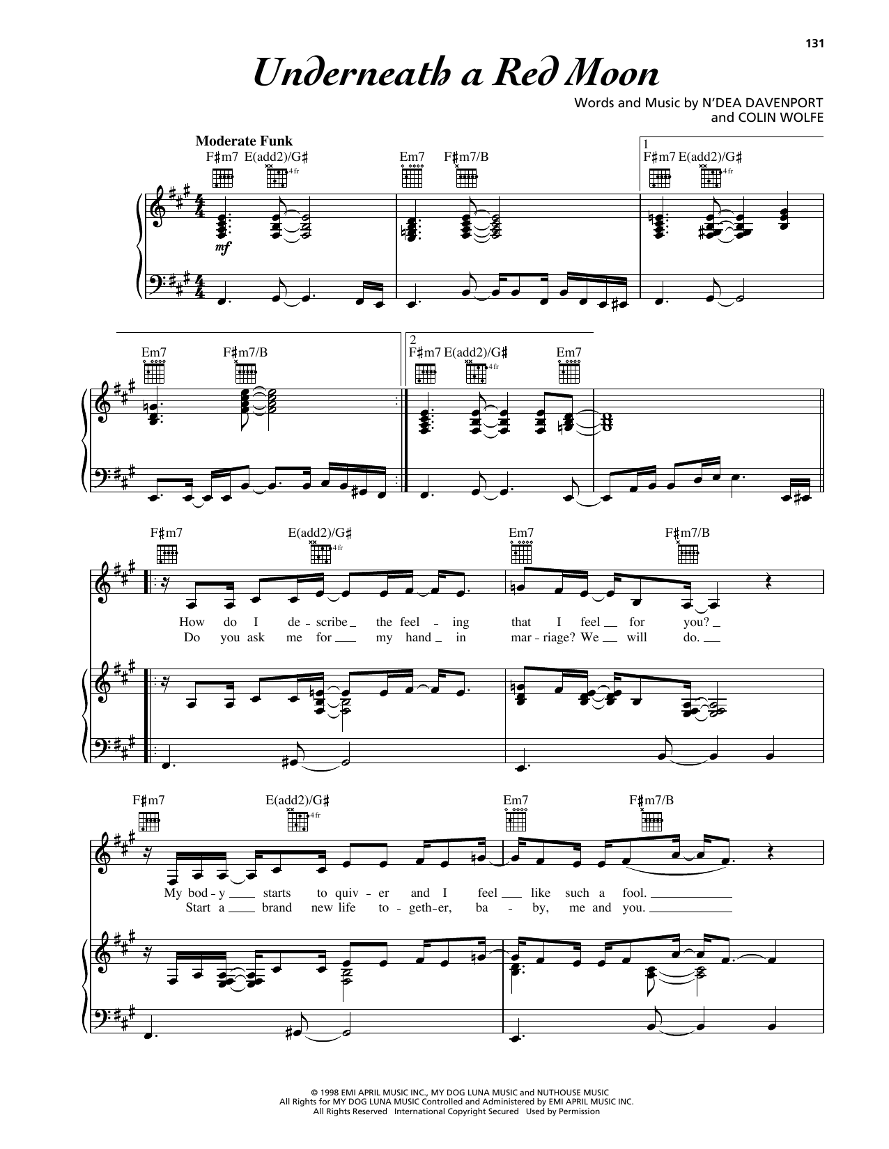 N'Dea Davenport Underneath A Red Moon Sheet Music Notes & Chords for Piano, Vocal & Guitar Chords (Right-Hand Melody) - Download or Print PDF N'Dea Davenport Underneath A Red Moon Sheet Music Notes & Chords for Piano, Vocal & Guitar Chords (Right-Hand Melody) - Download or Print PDF