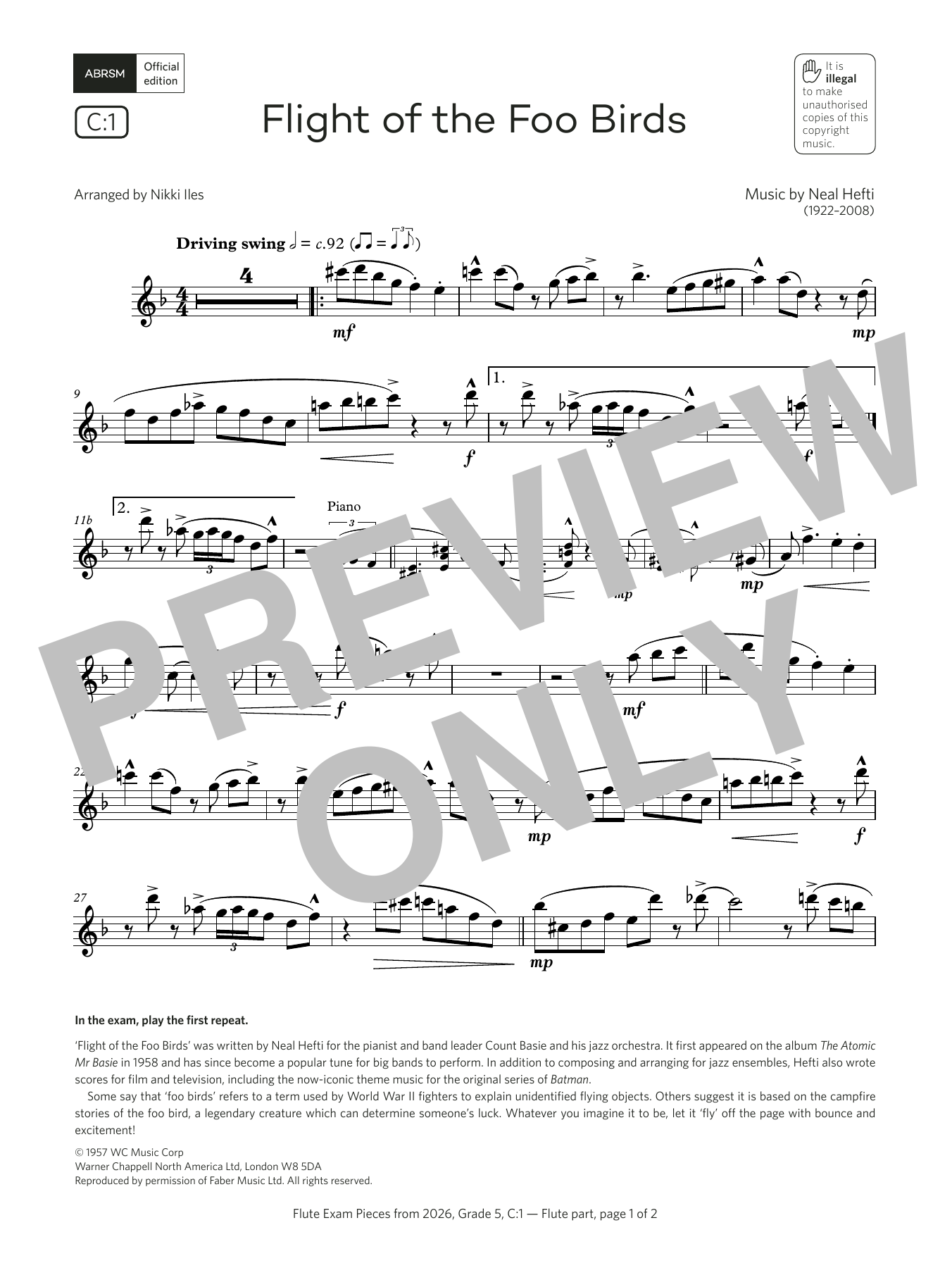 Neal Hefti Flight of the Foo Birds (Grade 5, list C1, from the ABRSM Flute Syllabus from 2026) Sheet Music Notes & Chords for Flute Solo - Download or Print PDF Neal Hefti Flight of the Foo Birds (Grade 5, list C1, from the ABRSM Flute Syllabus from 2026) Sheet Music Notes & Chords for Flute Solo - Download or Print PDF