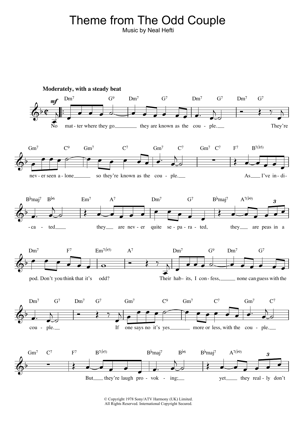 Neal Hefti Theme from The Odd Couple Sheet Music Notes & Chords for Melody Line, Lyrics & Chords - Download or Print PDF