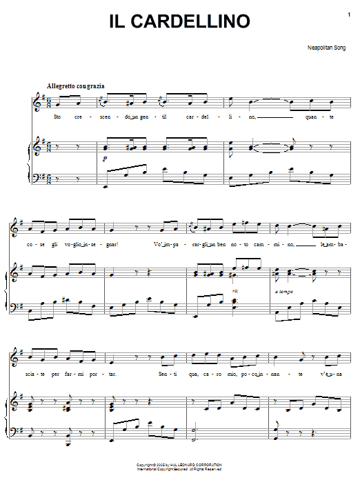 Neapolitan Song Il cardellino Sheet Music Notes & Chords for Piano, Vocal & Guitar (Right-Hand Melody) - Download or Print PDF