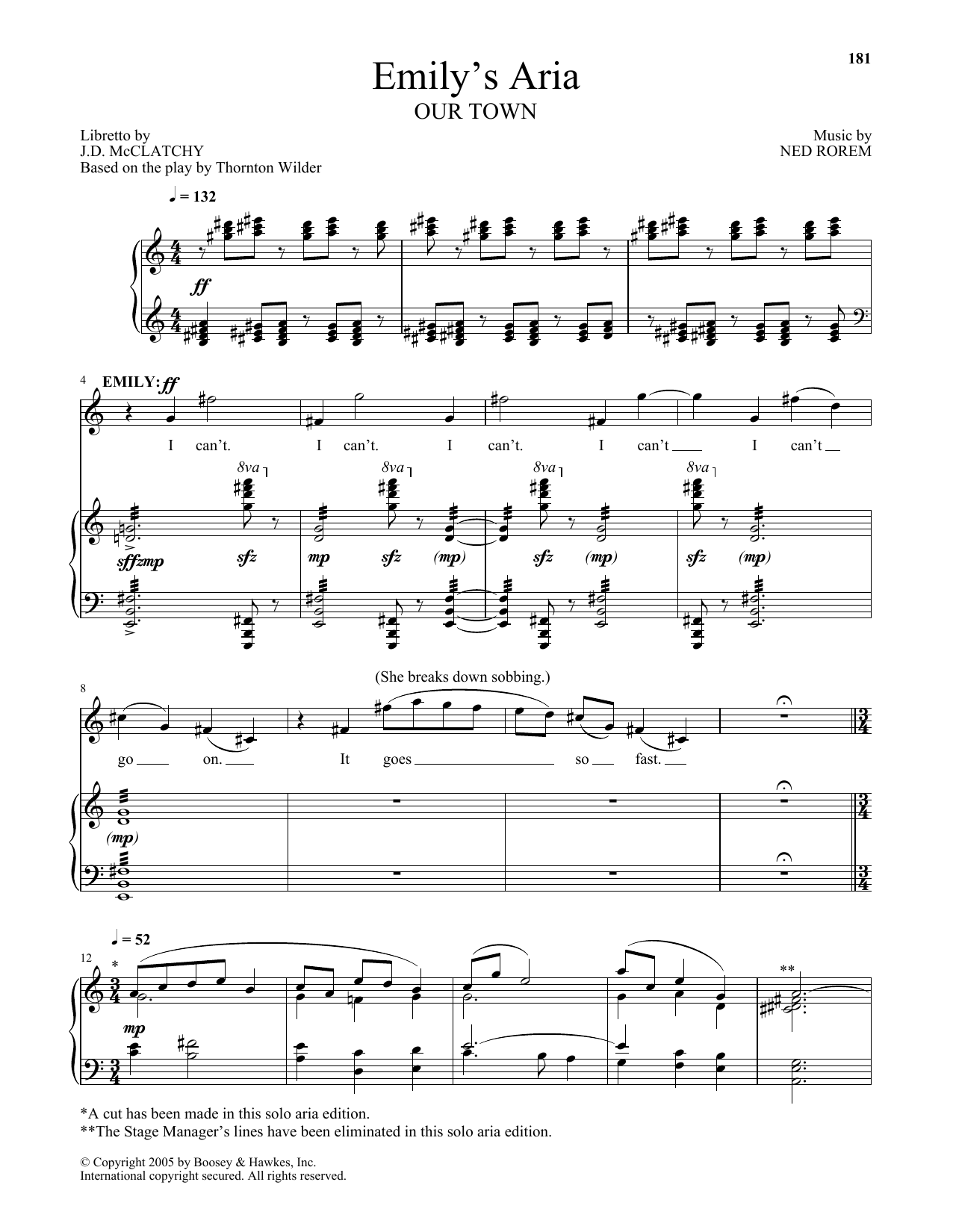 Ned Rorem Emily's Aria (from Our Town) Sheet Music Notes & Chords for Piano & Vocal - Download or Print PDF