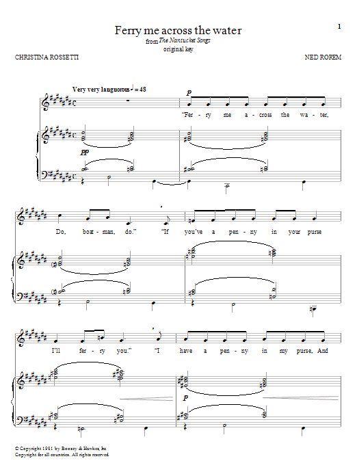 Ned Rorem Ferry Me Across The Water Sheet Music Notes & Chords for Piano, Vocal & Guitar (Right-Hand Melody) - Download or Print PDF