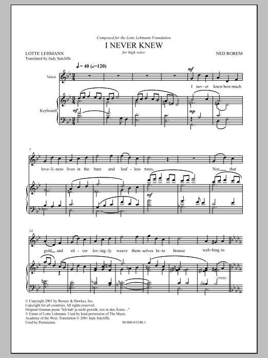Ned Rorem I Never Knew Sheet Music Notes & Chords for Piano - Download or Print PDF