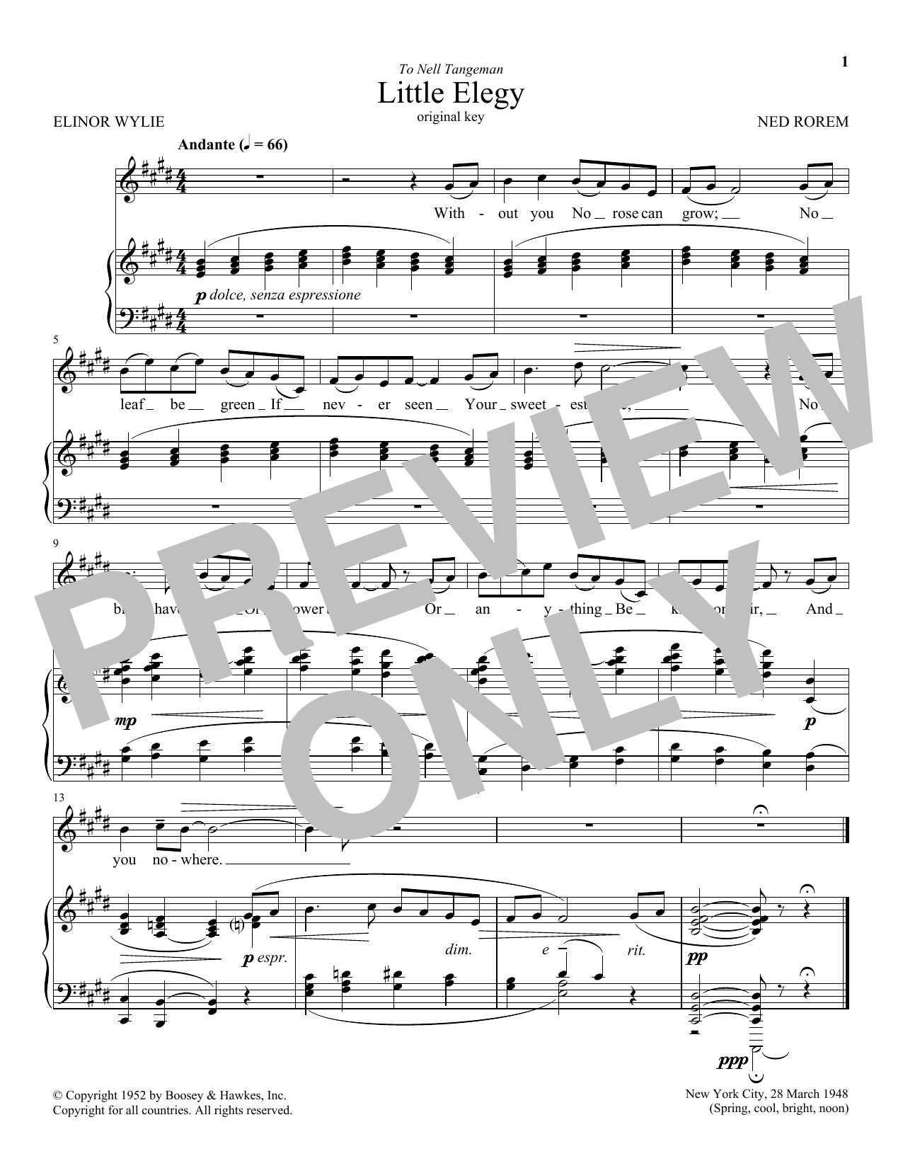 Ned Rorem Little Elegy Sheet Music Notes & Chords for Piano & Vocal - Download or Print PDF