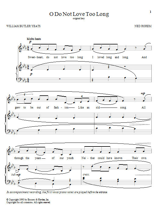 Ned Rorem O Do Not Love Too Long Sheet Music Notes & Chords for Piano, Vocal & Guitar (Right-Hand Melody) - Download or Print PDF