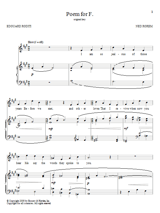 Ned Rorem Poem For F. Sheet Music Notes & Chords for Piano, Vocal & Guitar (Right-Hand Melody) - Download or Print PDF