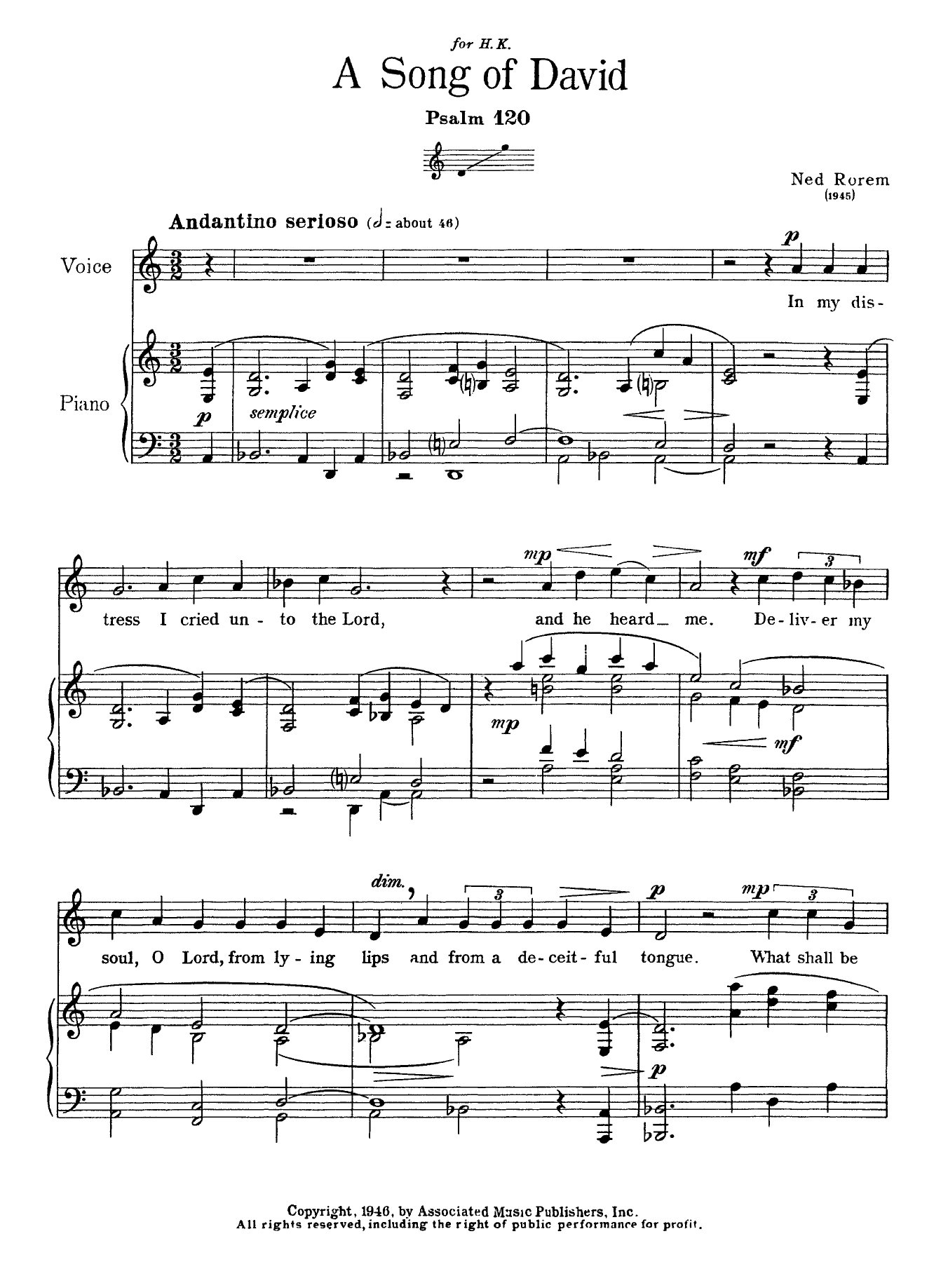 Ned Rorem Song Of David (Psalm 120) Sheet Music Notes & Chords for Voice - Download or Print PDF