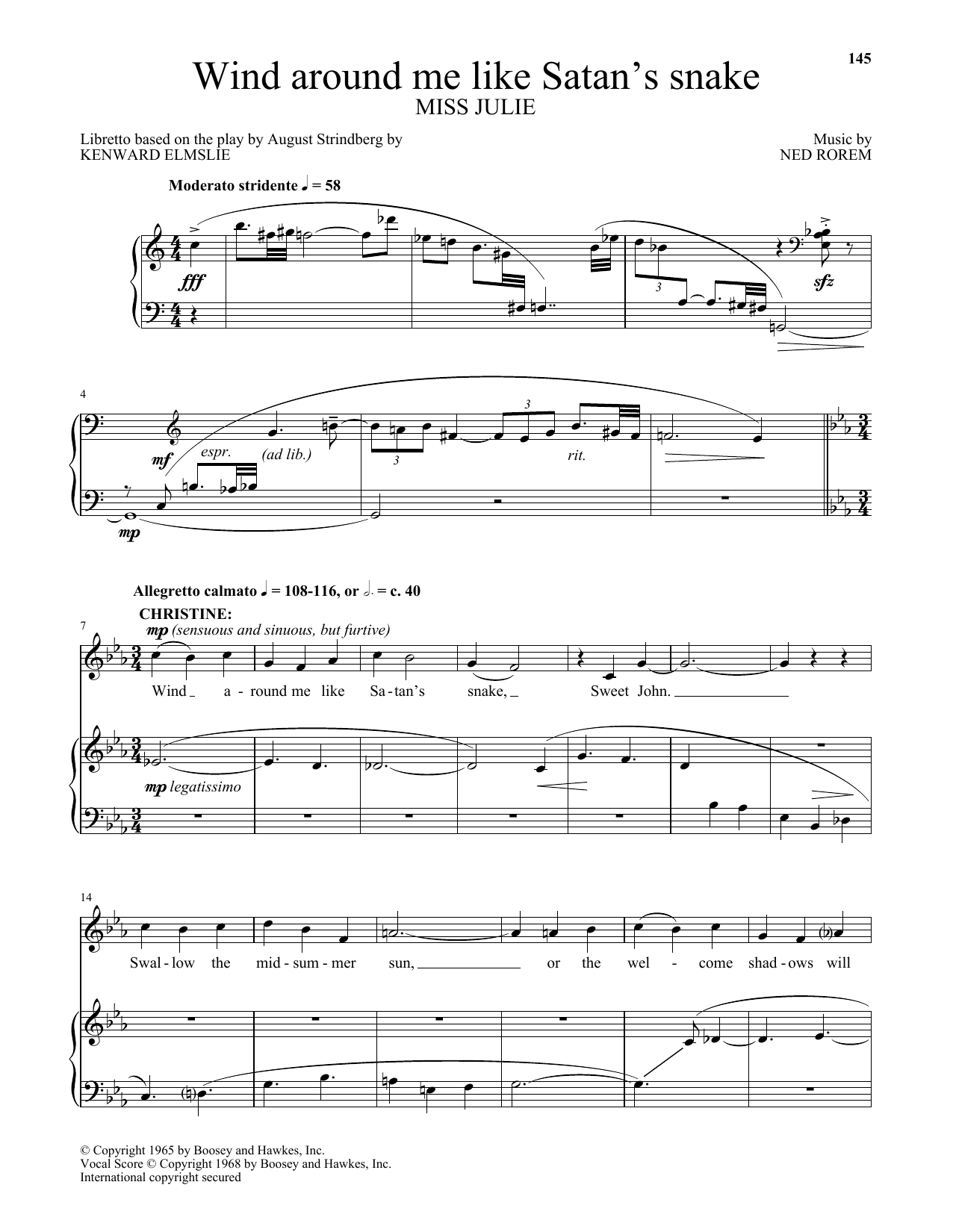 Ned Rorem Wind around me like Satan's snake (from Miss Julie) Sheet Music Notes & Chords for Piano & Vocal - Download or Print PDF
