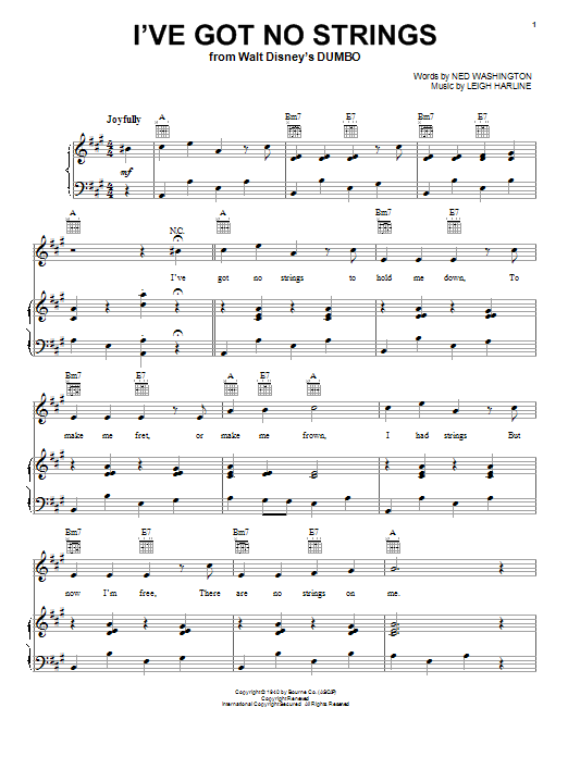 Leigh Harline I've Got No Strings sheet music notes and chords. Download Printable PDF.