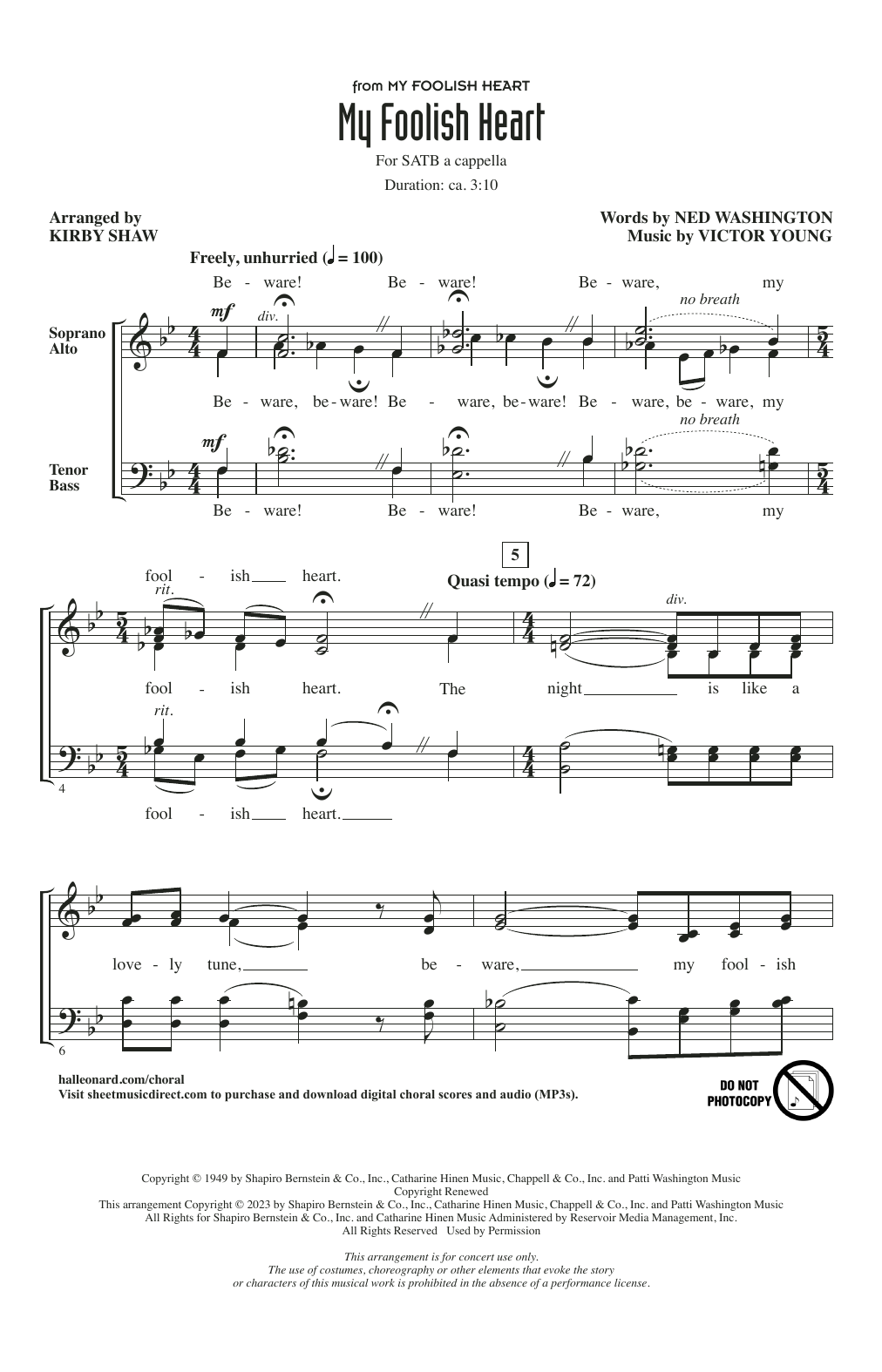 Ned Washington & Victor Young My Foolish Heart (arr. Kirby Shaw) Sheet Music Notes & Chords for SATB Choir - Download or Print PDF