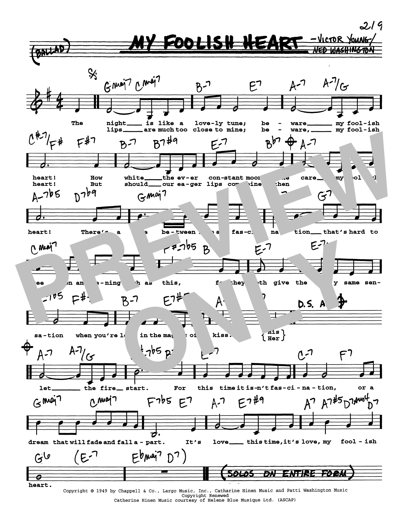 Ned Washington & Victor Young My Foolish Heart (Low Voice) Sheet Music Notes & Chords for Real Book – Melody, Lyrics & Chords - Download or Print PDF