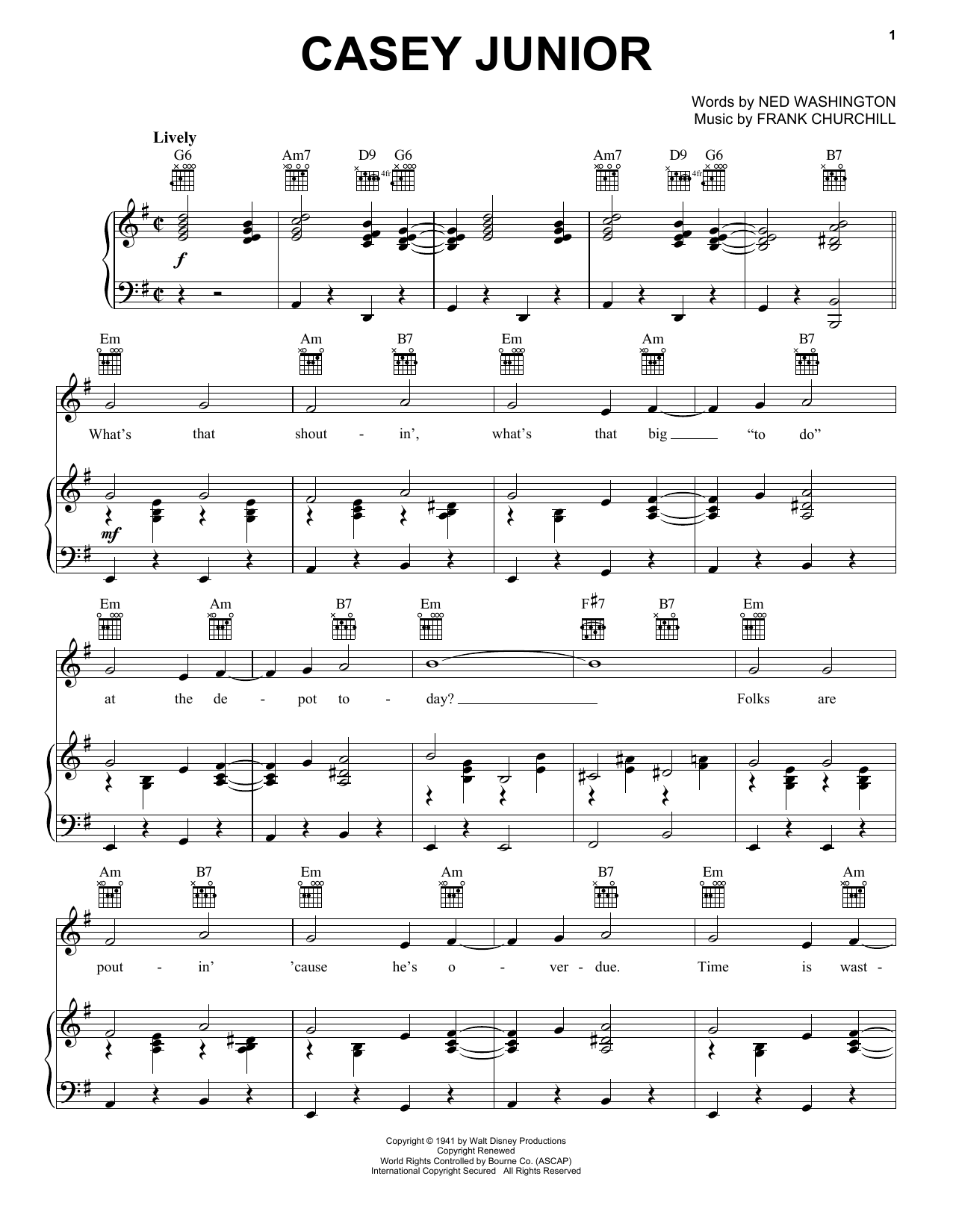 Ned Washington and Frank Churchill Casey Junior (from Walt Disney's Dumbo) Sheet Music Notes & Chords for Piano & Vocal - Download or Print PDF