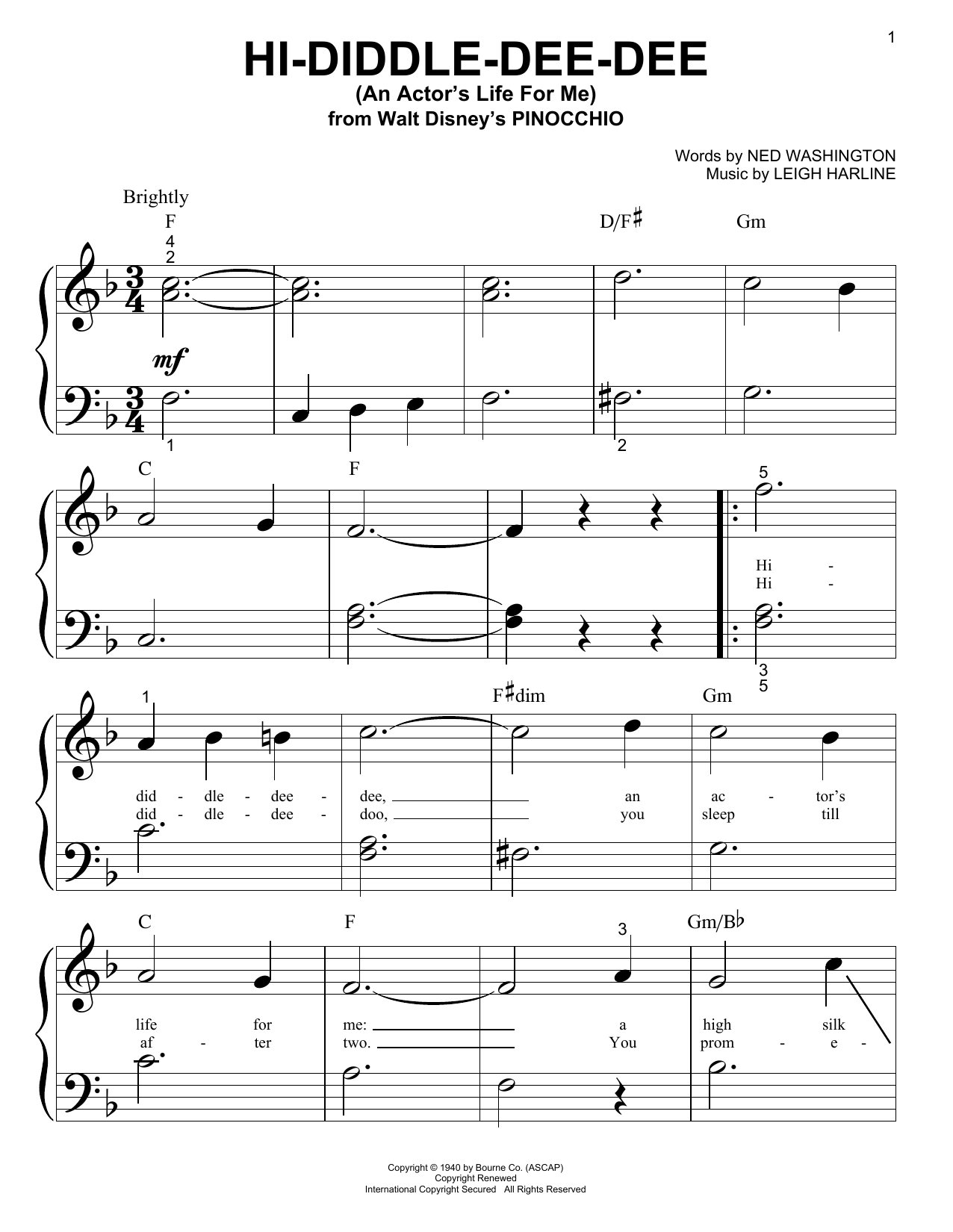 Leigh Harline Hi-Diddle-Dee-Dee (An Actor's Life For Me) sheet music notes and chords. Download Printable PDF.