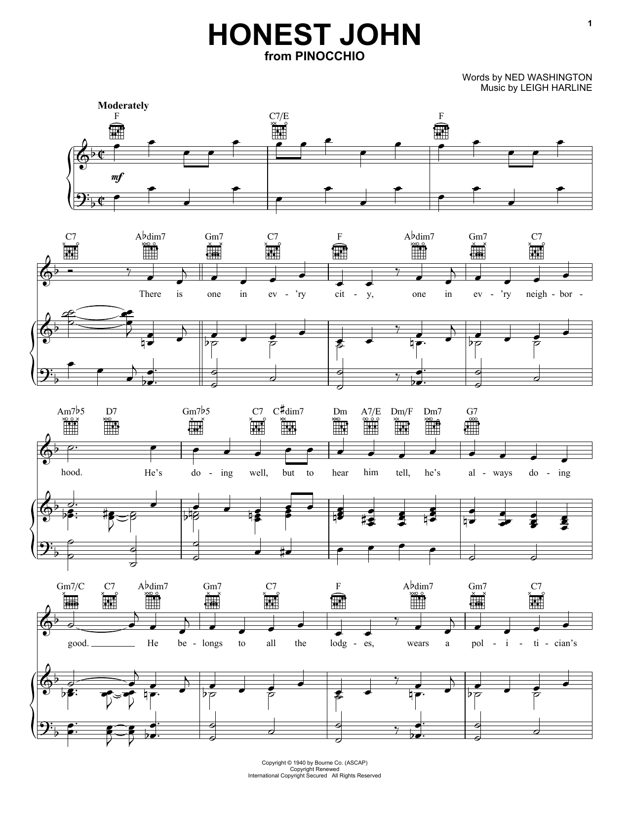 Ned Washington and Leigh Harline Honest John (from Walt Disney's Pinocchio) Sheet Music Notes & Chords for Piano, Vocal & Guitar (Right-Hand Melody) - Download or Print PDF