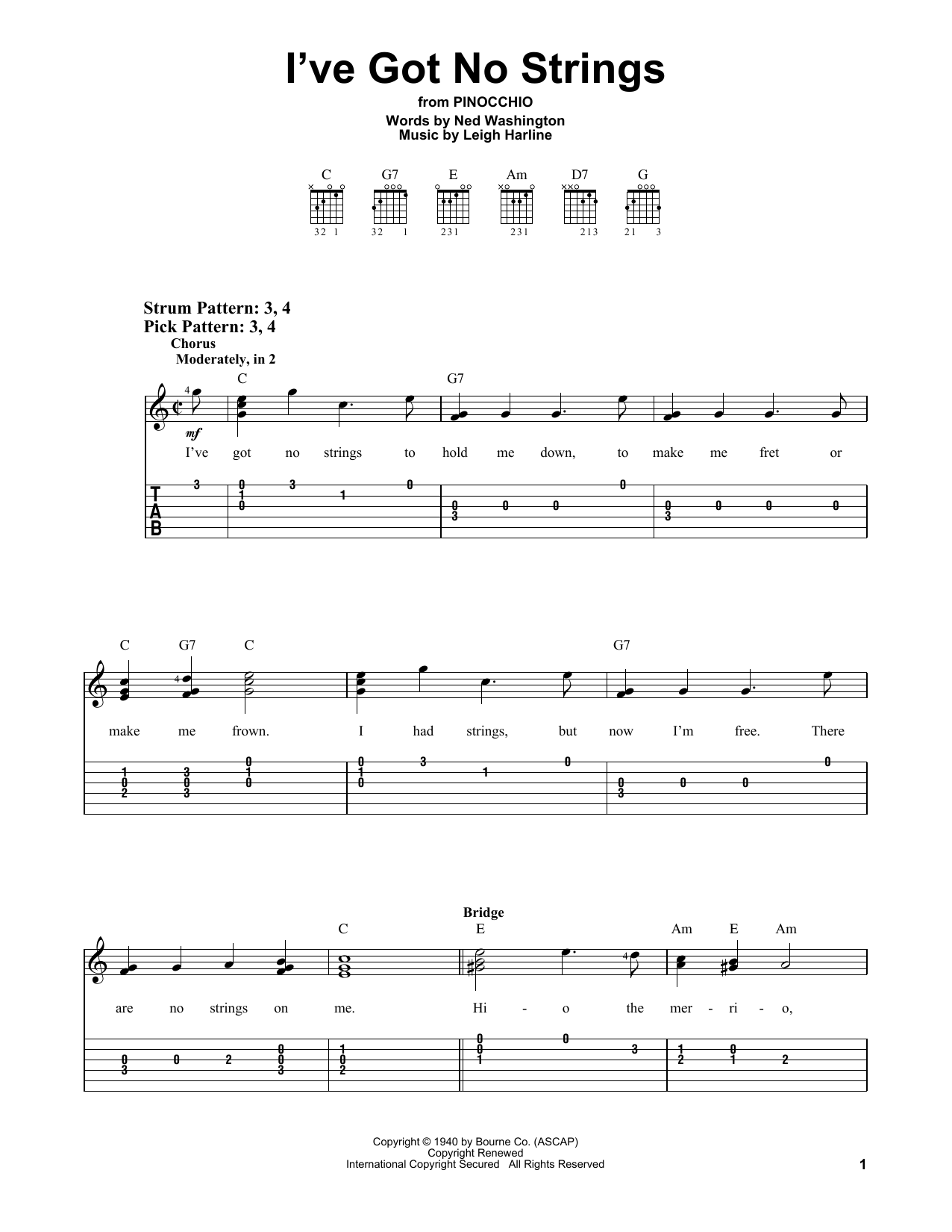 Ned Washington and Leigh Harline I've Got No Strings (from Walt Disney's Pinocchio) Sheet Music Notes & Chords for Easy Guitar Tab - Download or Print PDF